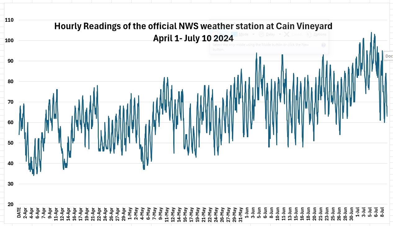 Hourly readings of the weather station at Cain Vineyard April 1 - July 10, 2024