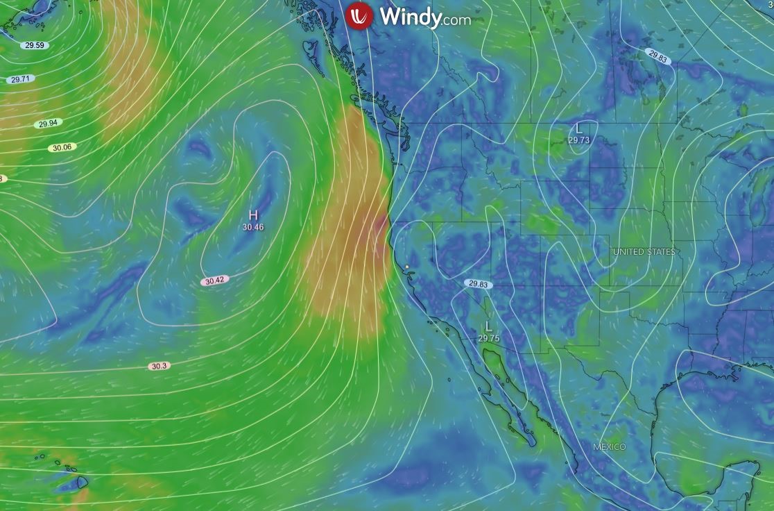 Summertime Northeast Pacific High Pressure brings wind to the North Coast